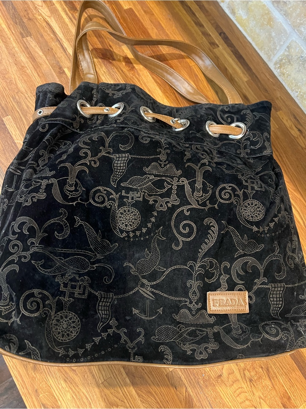 Prada Black Suede Tote with Brown Leather Handles - Picture 3 of 9
